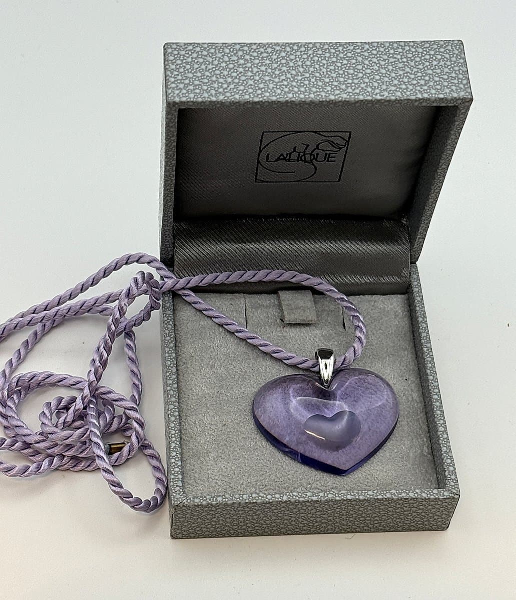 Lalique Heart Pendant Necklace - Lavender Glass