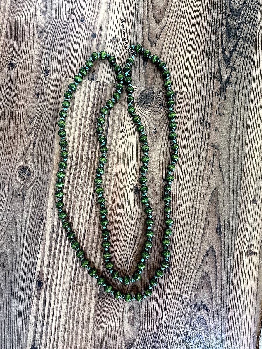 Long Green Beaded Necklace with Gold Tone Clasp