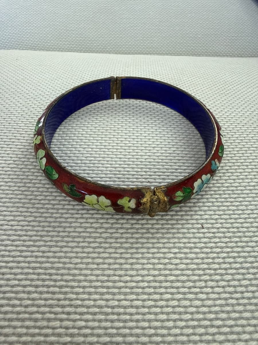 Cloisonné Floral Hinged Bangle Bracelet, Red & Blue