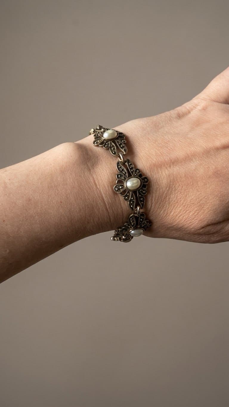 Vintage Filigree Bracelet with Faux Pearls & Marcasite
