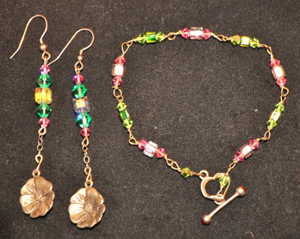 Floral Charm Dangle Earrings & Beaded Bracelet Set STERLING SILVER