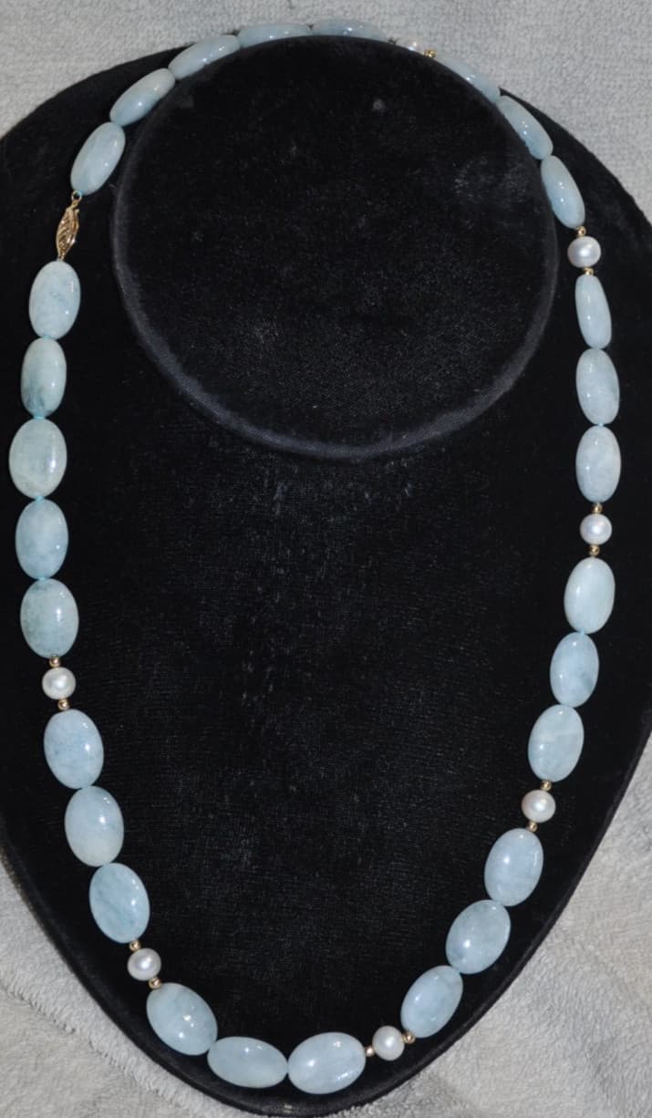 Vintage Estate Aquamarine Gemstone Pearl necklace 14K Gold Clasp 22"